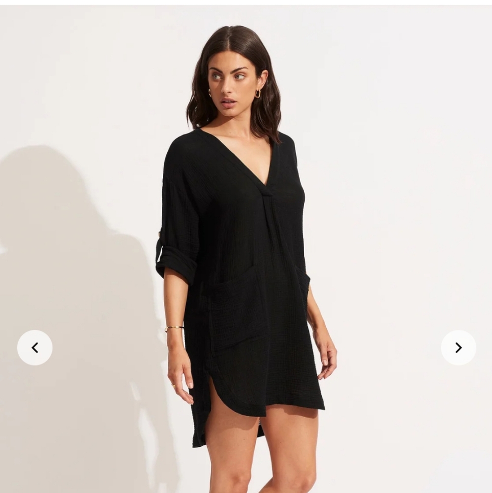 Seafolly Essential Cover Up Beach Shirt Small Black Roll-Tab Sleeve Gauze Cotton
